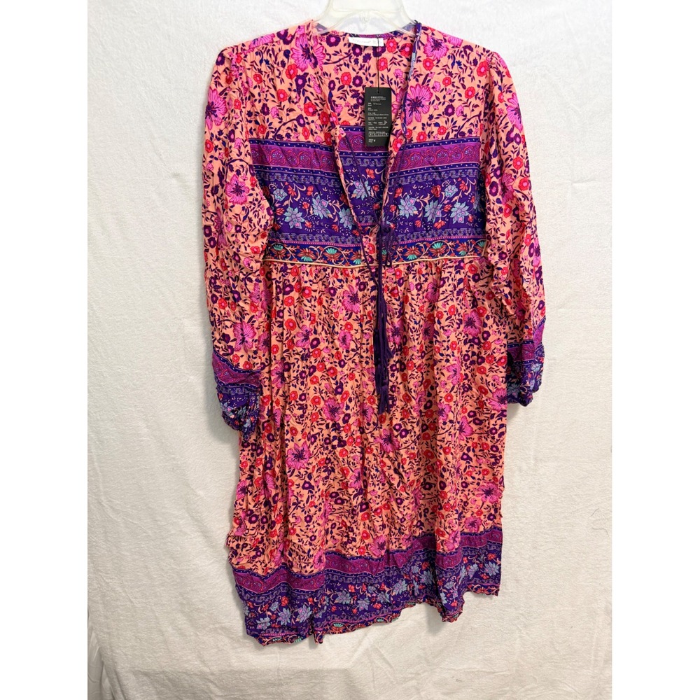 R. Vivimos Pink Purple Floral Boho Tassel Tie Midi Dress XL US 16/18 NWT